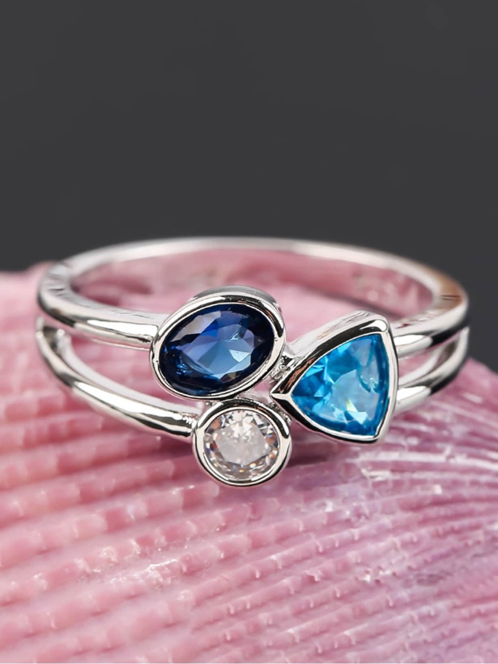 Silver Tone Blue Trio Gemstone Ring